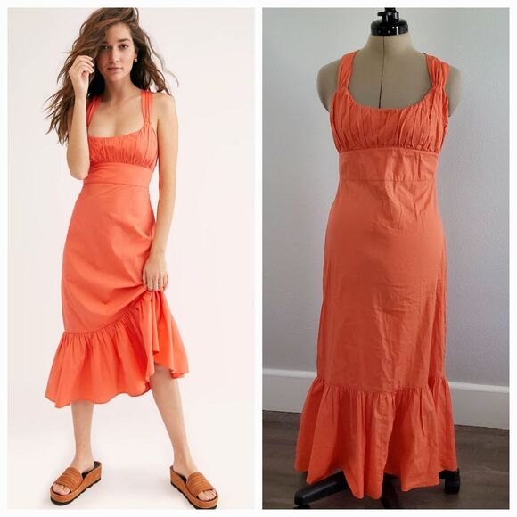 Free People Midi Dress Women Small Orange Sweetheart 100% Cotton Sleeveless NEW - Picture 1 of 10